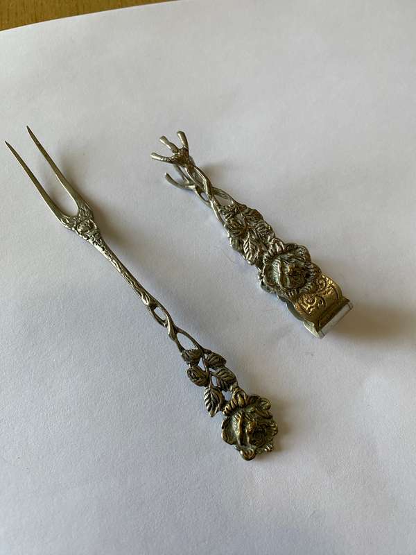 German silver antique pickle fork and tongs