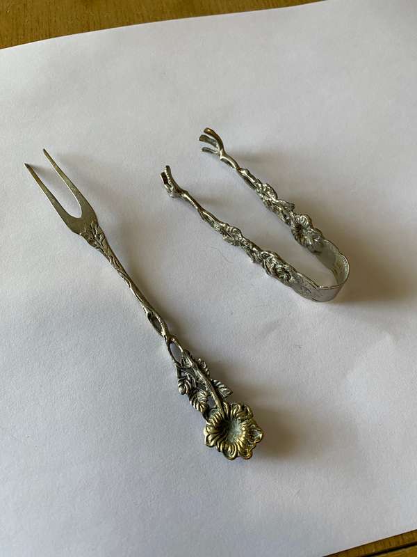German silver antique pickle fork and tongs