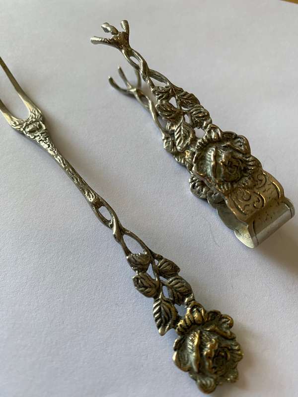 German silver antique pickle fork and tongs