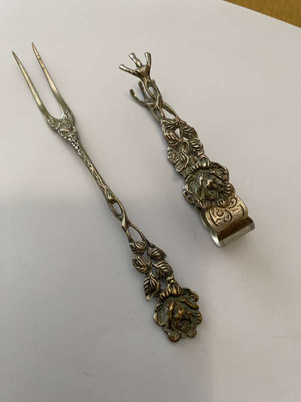 German silver antique pickle fork and tongs