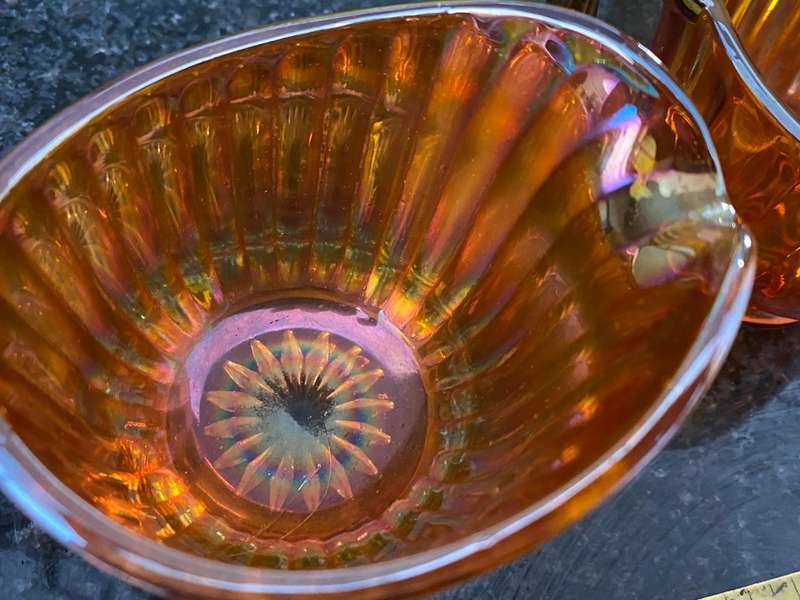 Antique carnival glass sugar bowl and creamer