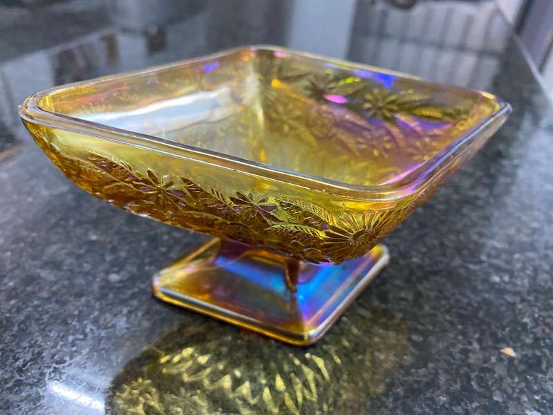 Footed carnival glass candy dish