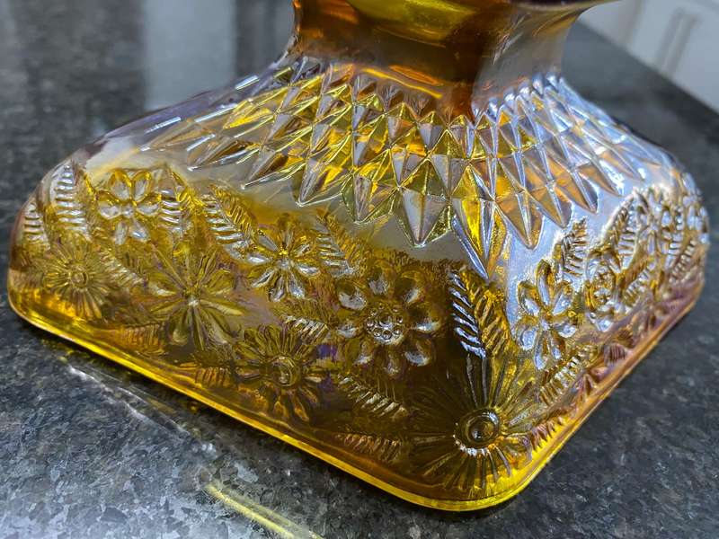 Footed carnival glass candy dish