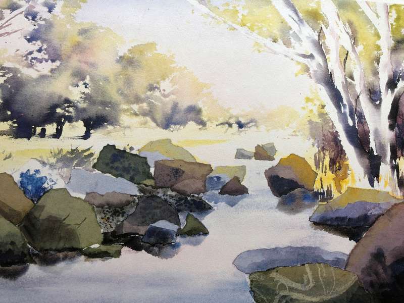 Sally Bekker calendar print titled "Rocky River Bend"