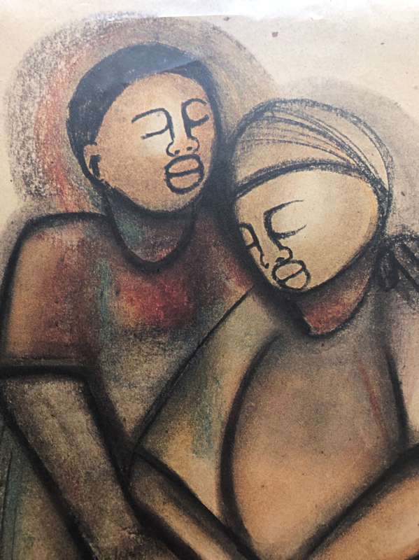 Godfrey Ndaba reprint of chalk and pastel titled: Caressing