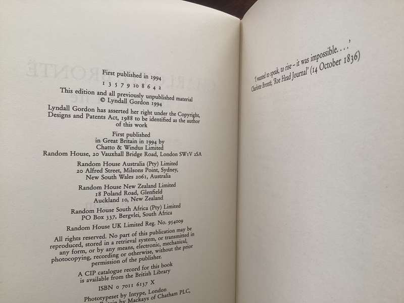 CHARLOTTE BRONTE, A passionate life, by Lyndall Gordon. Hardcover. Vgood+ condition.