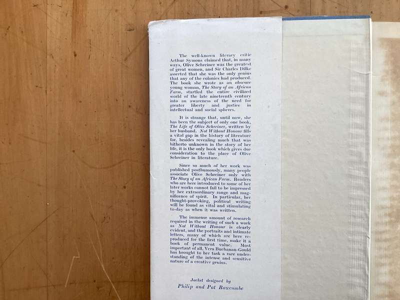 OLIVE SCHREINER, NOT WITHOUT HONOUR. (1948?) Hardcover with dustjacket.