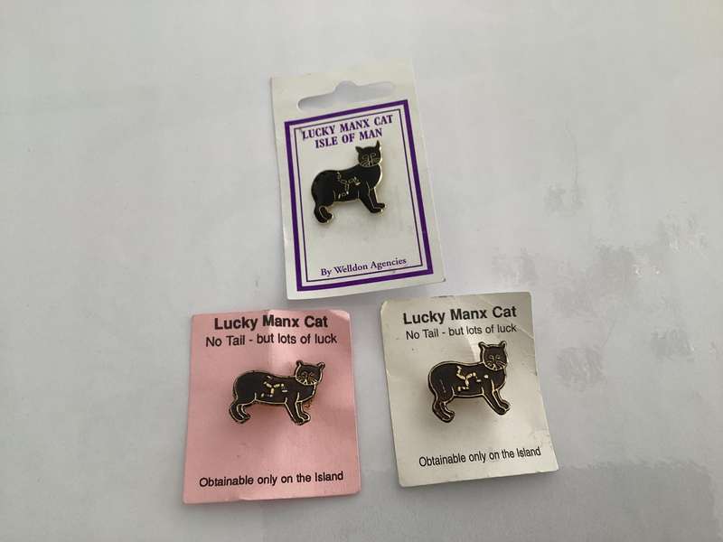 Manx Cat pins (x3), two sew-on badges and one TT/Lifeboat commemorative lapel badge