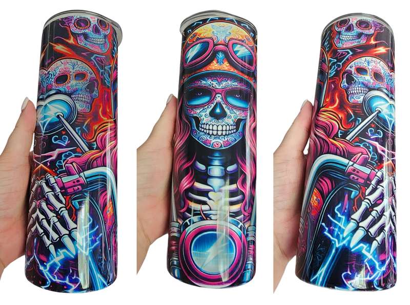 Sugar Skull Biker Lady Stainless Steel Tumbler With Straw