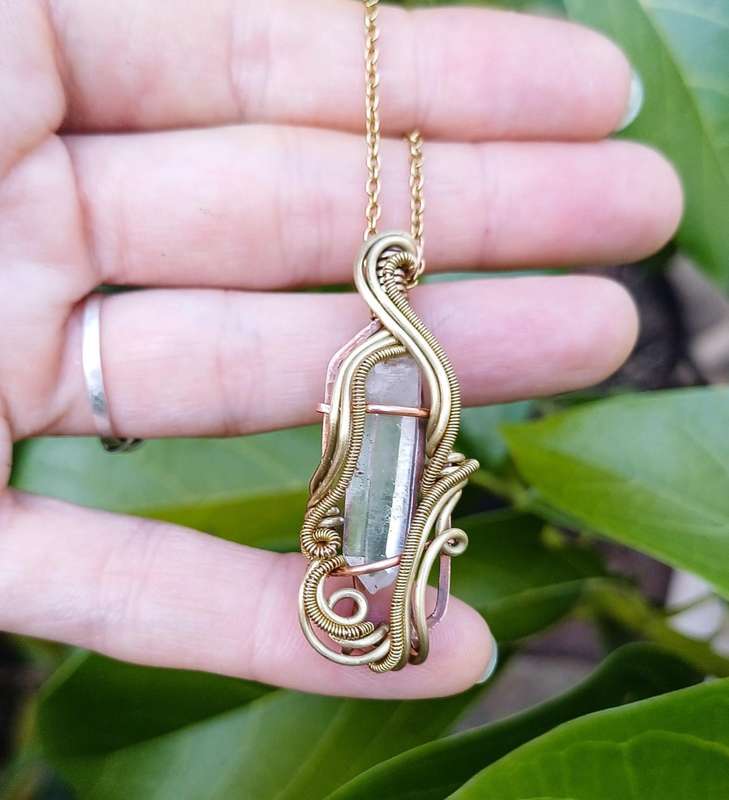 Asymmetrical Two-Tone Brass & Copper Wire With Clear Quartz Point Twisted & Stoned