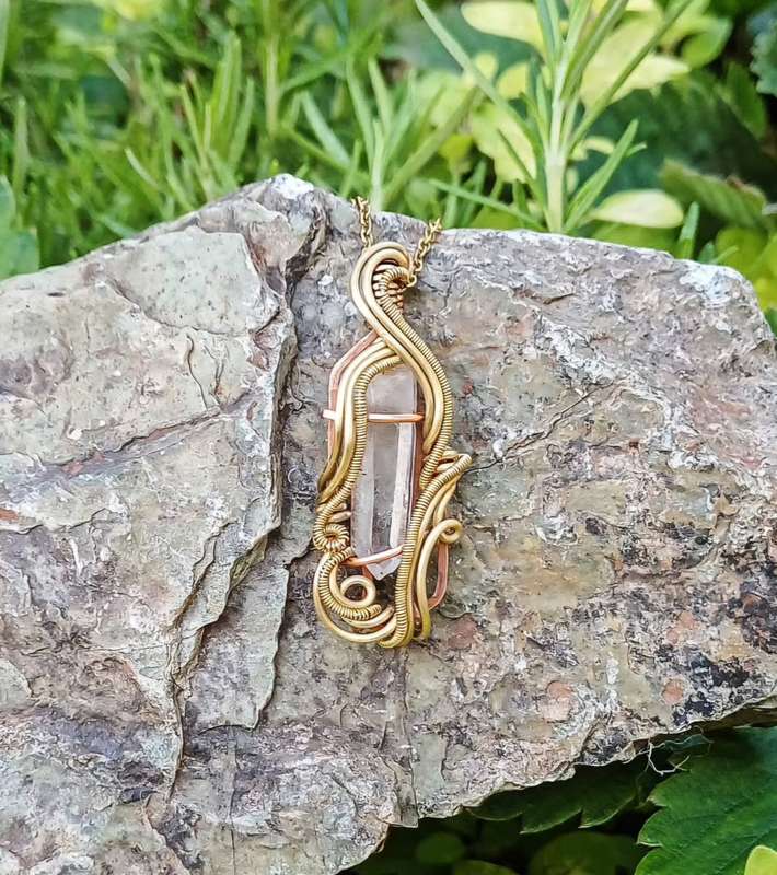 Asymmetrical Two-Tone Brass & Copper Wire With Clear Quartz Point Twisted & Stoned
