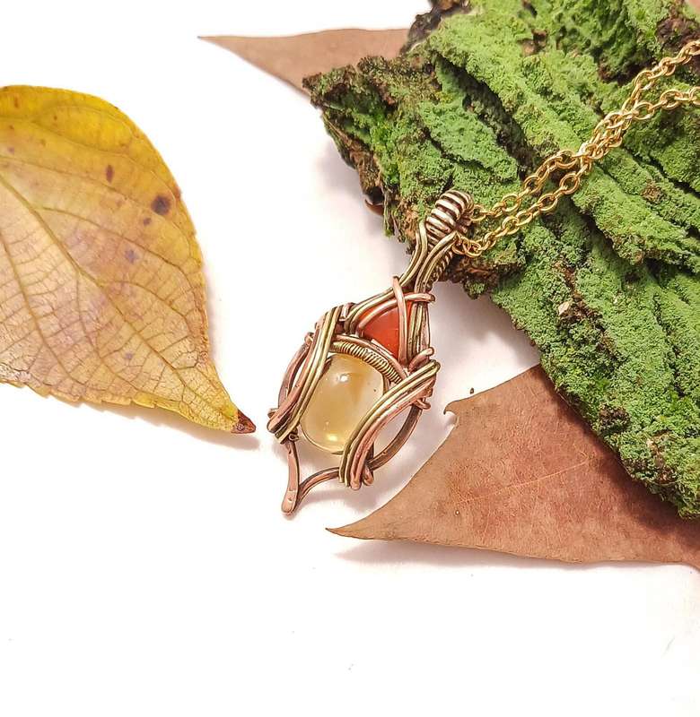 Dawnpiercer Pendant and Chain Carnelian and Citrine in Copper and Brass Twisted & Stoned