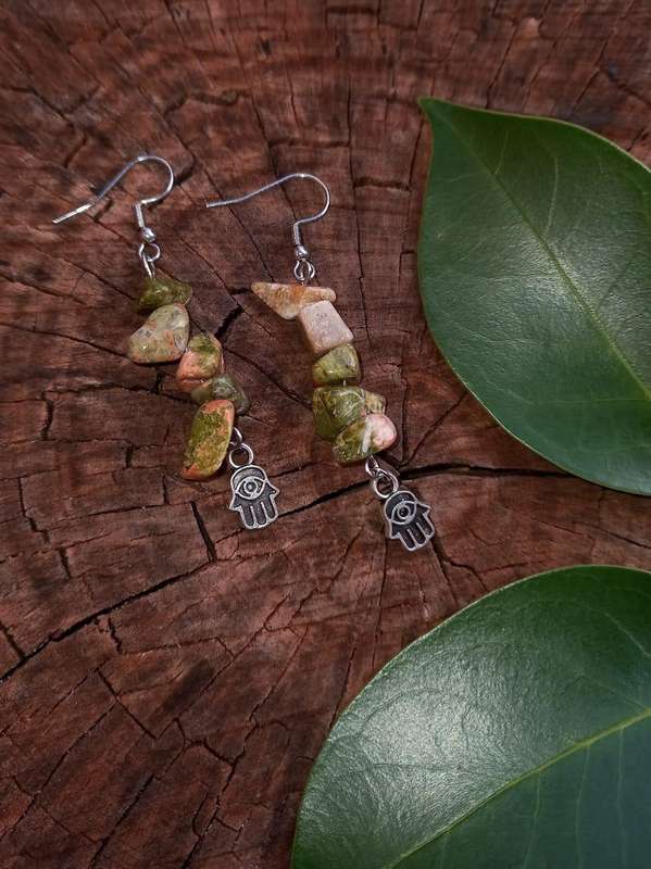 Hamsa Hand Earrings with Unakite