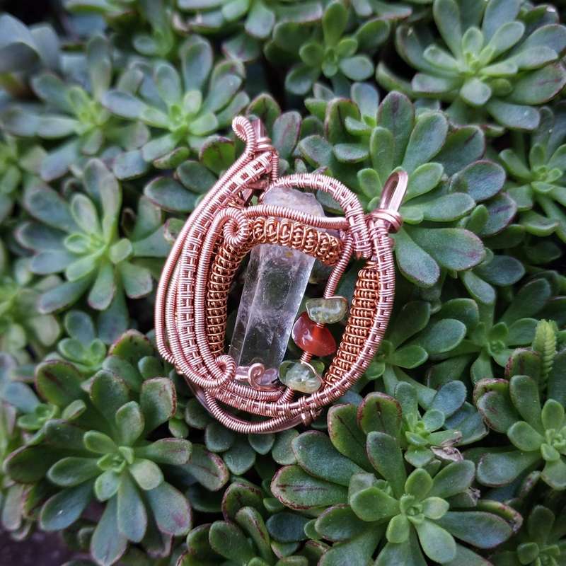 Clear Quartz With Peridot & Carnelian Chips in Copper Pendant Twisted & Stoned