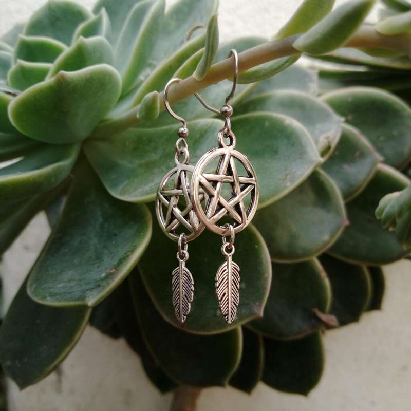 Salem Dream Pentagram & Feather Earrings