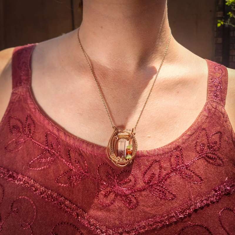 Clear Quartz With Peridot & Carnelian Chips in Copper Pendant Twisted & Stoned