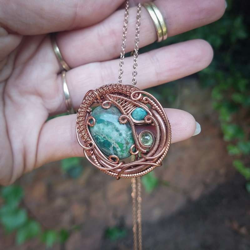 Landscape Agate, Peridot & Turquoise in Copper Pendant Necklace Twisted & Stoned