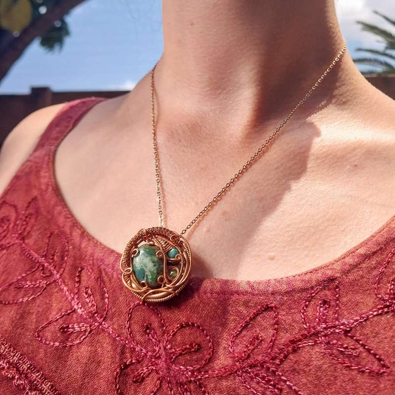 Landscape Agate, Peridot & Turquoise in Copper Pendant Necklace Twisted & Stoned