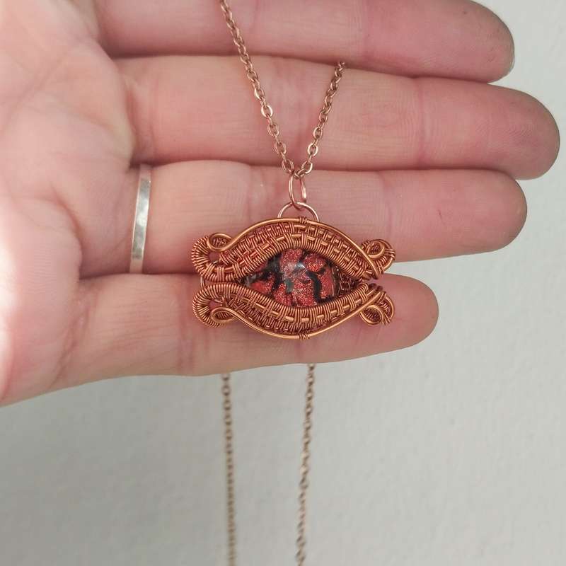 Painted Glass Cabochon in Enameled Copper Pendant Twisted & Stoned