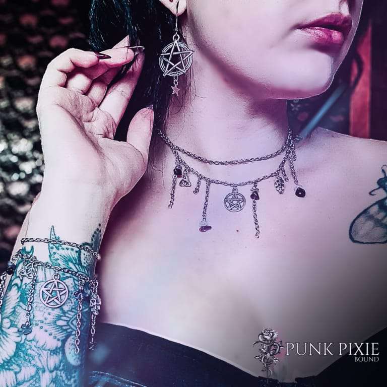 Persephone Choker with Pentagram, Triquetra, Skull, Amethyst & Black Obsidian