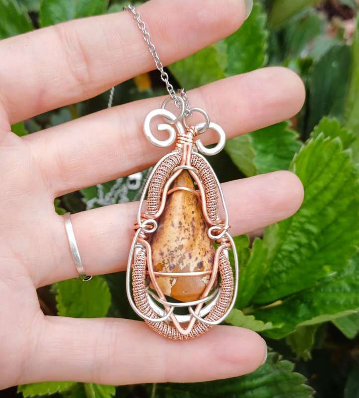 Large Two-Tone Copper Wire Pendant With Tumbled Picture Jasper Twisted & Stoned