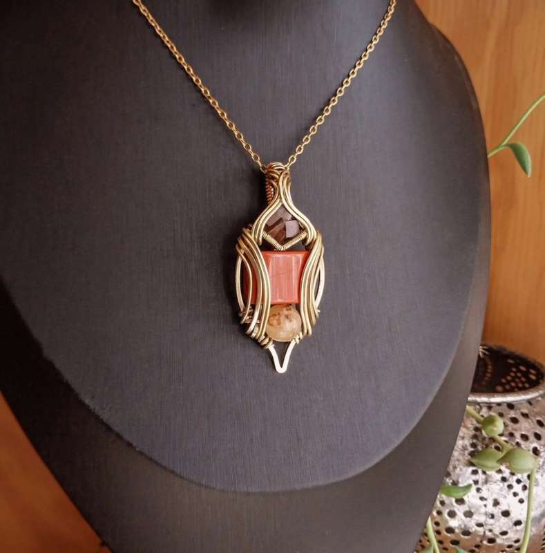 Limonite After Pyrite, Red Jasper & Yellow Calcite in Brass Pendant Twisted & Stoned