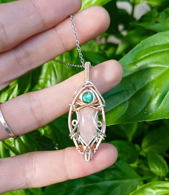 Two-Tone Copper Wire Pendant With Turquoise & Rose Quartz Twisted & Stoned