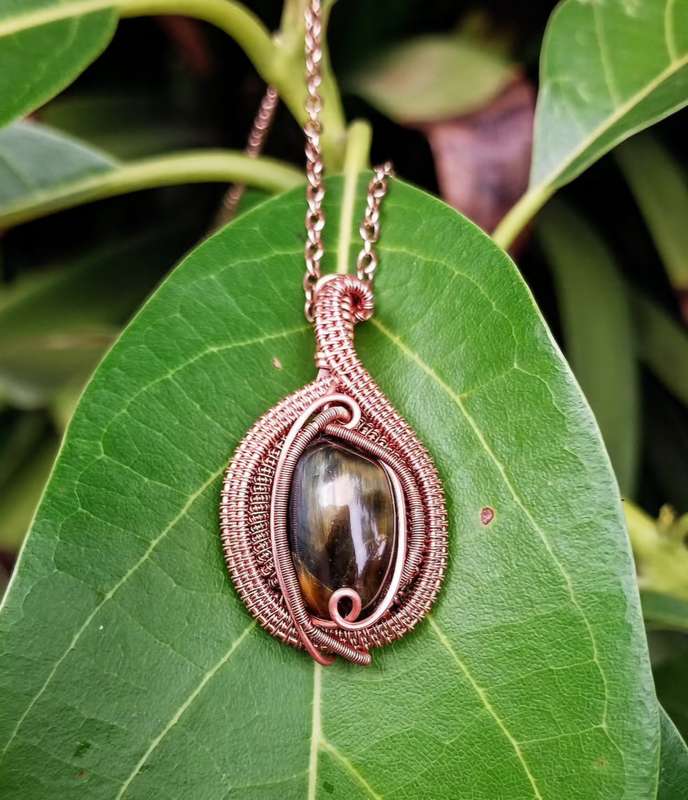 Tumbled Tiger's Eye Wrapped Up In Copper Wire Pendant Twisted & Stoned