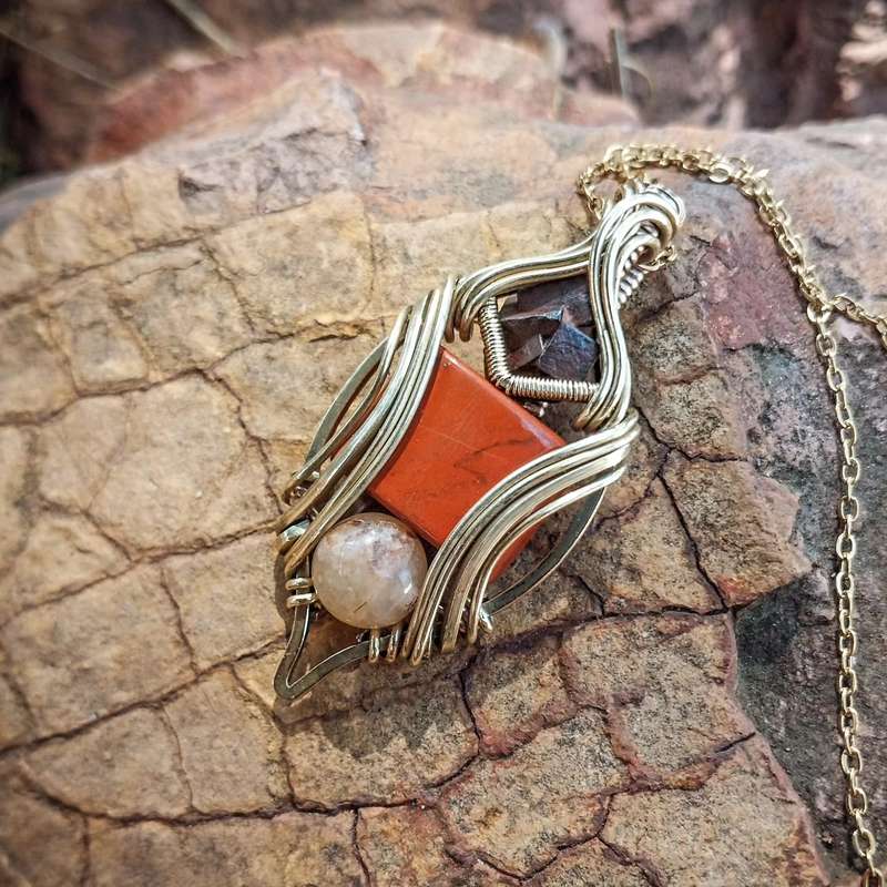 Limonite After Pyrite, Red Jasper & Yellow Calcite in Brass Pendant Twisted & Stoned