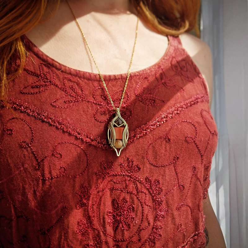 Limonite After Pyrite, Red Jasper & Yellow Calcite in Brass Pendant Twisted & Stoned