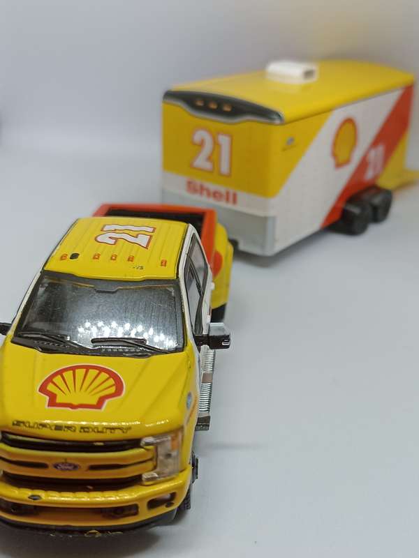 1/64 scale Ford F-350, Mustang and car trailer. Greenlight