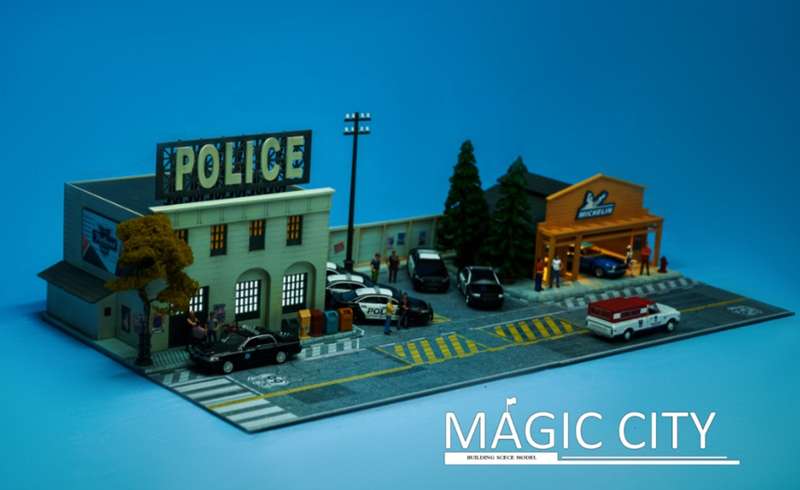 Magic City 1/64 scale Police and Michelin workshop diorama