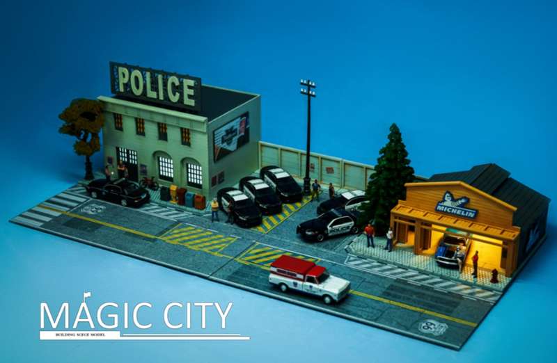Magic City 1/64 scale Police and Michelin workshop diorama