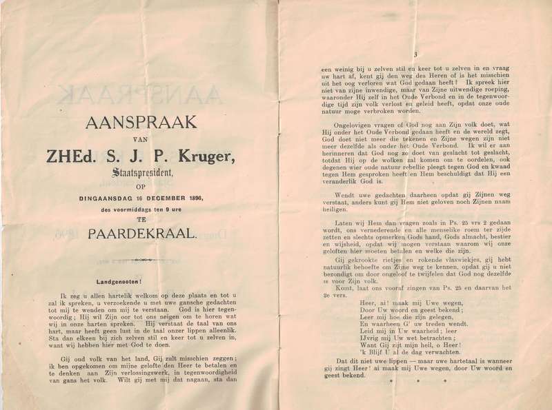 AANSPRAAK VAN ZHEd. S. J. P. KRUGER, Staatspresident op Dingaansdag, 16 December 1896
