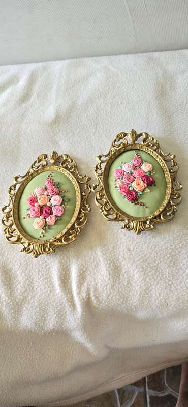 SATIN ROSES HANDWORK WITH BRASS FRAME(SET OF TWO)