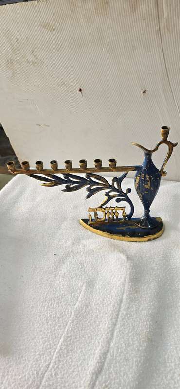 VINTAGE MCM ENAMEL/PATINA OLIVE OIL JUG HANNUKAH MENORAH
