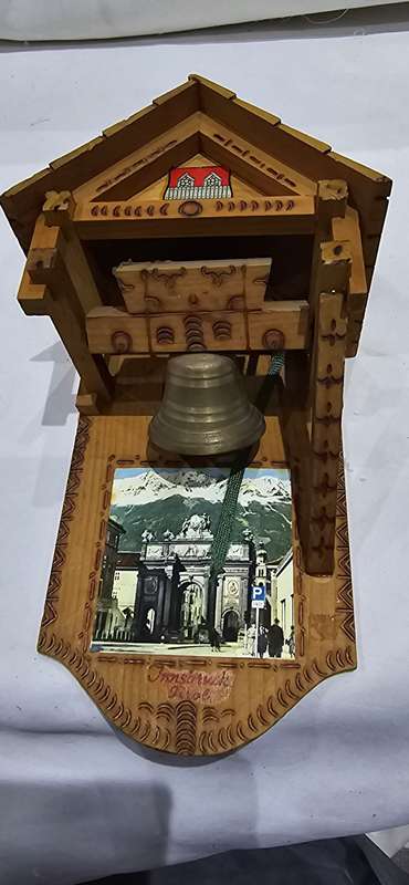 WALL MOUNT WOODEN CHURCH STYLE BRASS BELL(25 x 11CM)