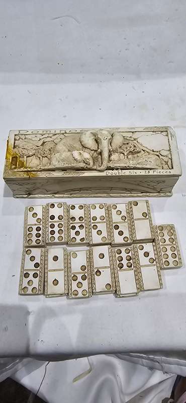 SA CARVED DOMINO'S SET(MISSING 2)WITH BONE CARVED CASE-SEE ALL MARKINGS