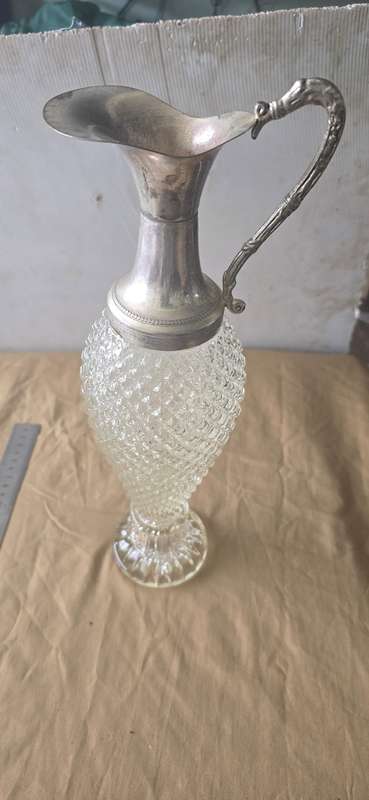 VINTAGE DIAMOND CUT SILVERPLATED/CRYSTAL PITCHER
