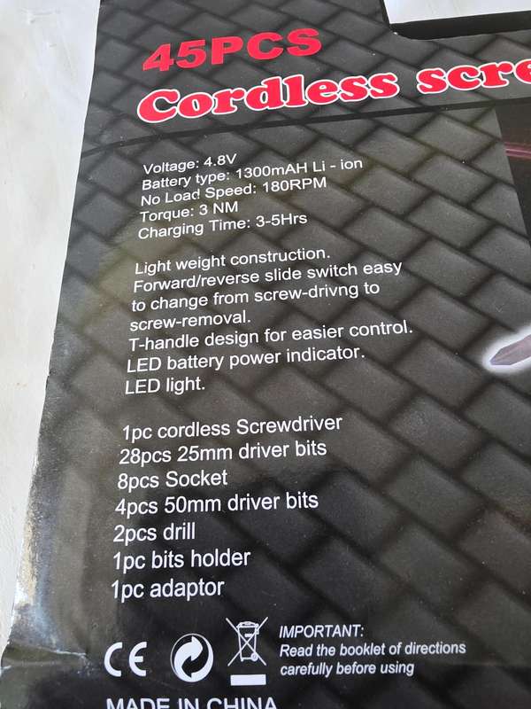 45 PIECE CORDLESS SCREWDRIVER
