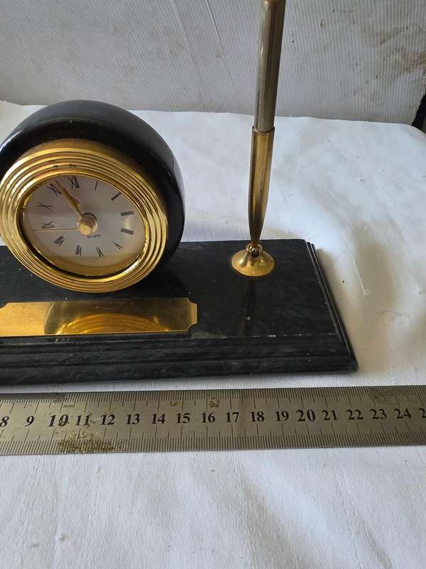 VINTAGE MARBLE BASE CLOCK AND PENHOLDER WITH PENS AND CLOCK-SEE DESCRIPTION