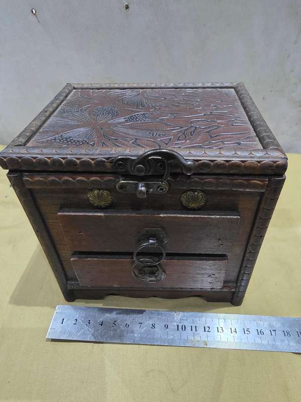 SOLID WOOD TWO DRAWER JEWELRY BOX WITH INNER MIRROR