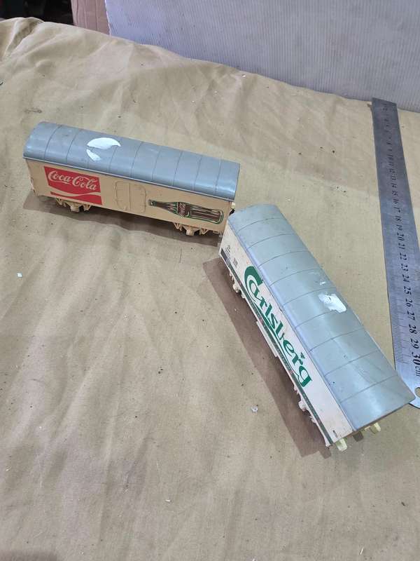 2 PIECE VINTAGE RAILWAY COACHES(HARD PLASTIC)COCA COLA AND CARLSBERG