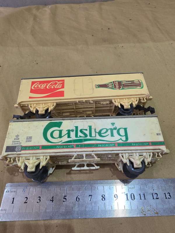 2 PIECE VINTAGE RAILWAY COACHES(HARD PLASTIC)COCA COLA AND CARLSBERG
