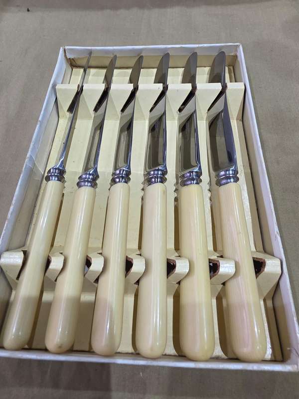 6 PIECE STAINLESS STEEL SHEFFIEL ENGLAND BONE HANDLE BUTTER KNIVES(UNUSED)
