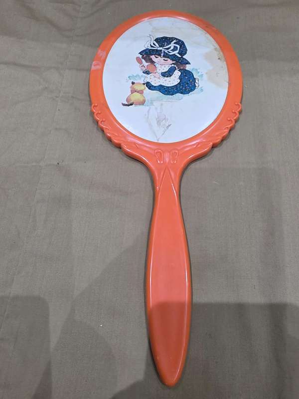 VINTAGE PLASTIC ORANGE VANITY HANDHELD MIRROR