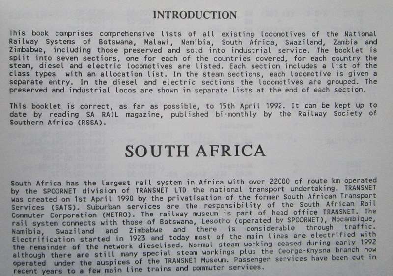 Railways of Southern Africa Locomotive Guide 1992