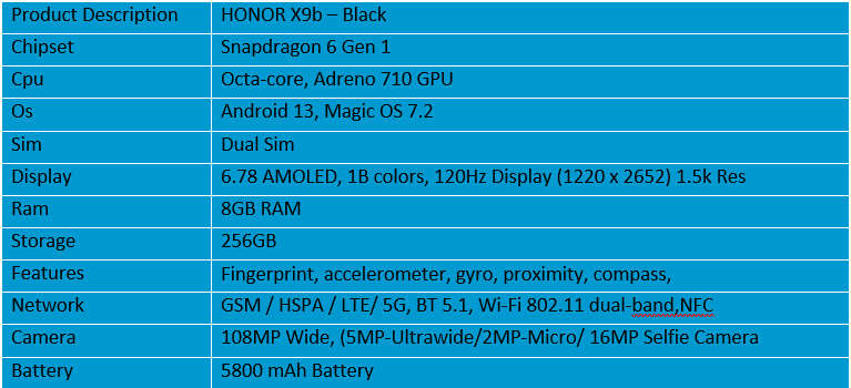HONOR X9b 5G - 8GBRAM/256GB Storage