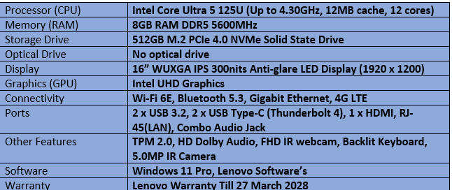 Lenovo Thinkpad E16 Gen 2   - Intel Core Ultra 5 - 125U Notebook