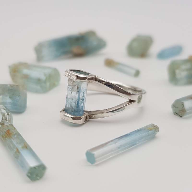 Aquamarine Handcrafted Silver Ring - Size N